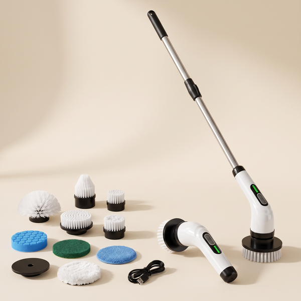 Cepillo eléctrico giratorio LimpiaGiro con mango extensible, versión de mano y sus 9 cabezales